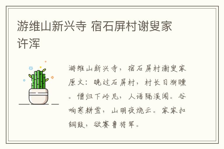 游维山新兴寺 宿石屏村谢叟家 许浑